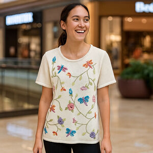Salon Studio by Haband Sweater LARGE Dragonfly Flowers Floral Embroidered Casual